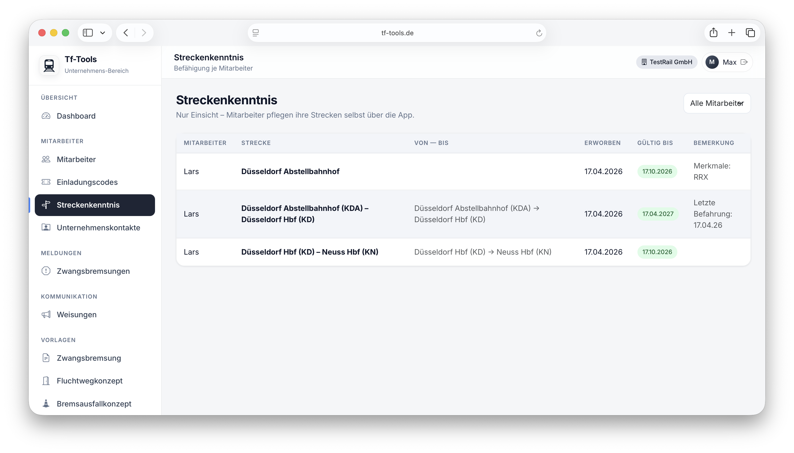 Unternehmens-Ansicht der Streckenkenntnis